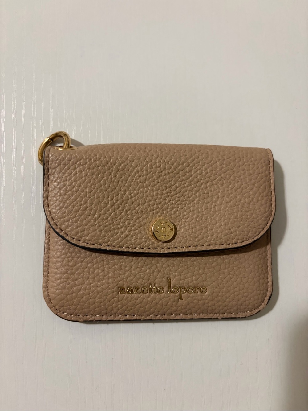 Nanette Lepore taupe pebbled leather mini card wallet with gold hardware